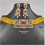 Beautiful Yellow Color Monalisa Beads AD and multi Stone Choker With Earrings-Saisuji Collections-C-beads,beads mala,choker,green beads,Imitation Gold,multi Stone,yellow Monalisa beads