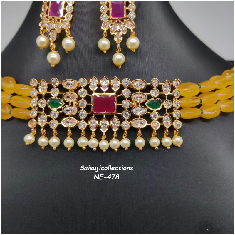 Beautiful Yellow Color Monalisa Beads AD and multi Stone Choker With Earrings-Saisuji Collections-C-beads,beads mala,choker,green beads,Imitation Gold,multi Stone,yellow Monalisa beads