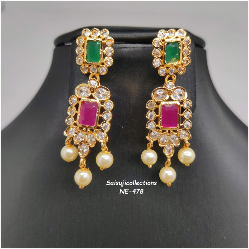 Beautiful Yellow Color Monalisa Beads AD and multi Stone Choker With Earrings-Saisuji Collections-C-beads,beads mala,choker,green beads,Imitation Gold,multi Stone,yellow Monalisa beads
