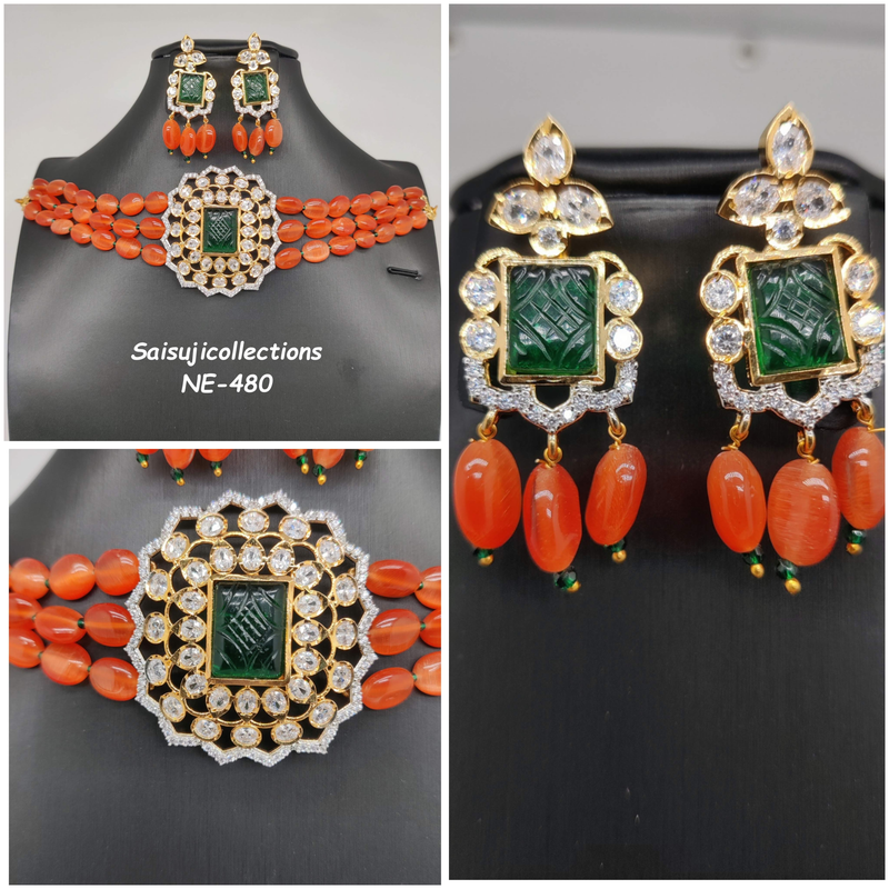 Beautiful Orange Color Monalisa Beads AD and Green Stone Choker With Earrings-Saisuji Collections-C-beads,beads mala,choker,green beads,Imitation Gold,multi Stone,orange monalisa beads,pearl
