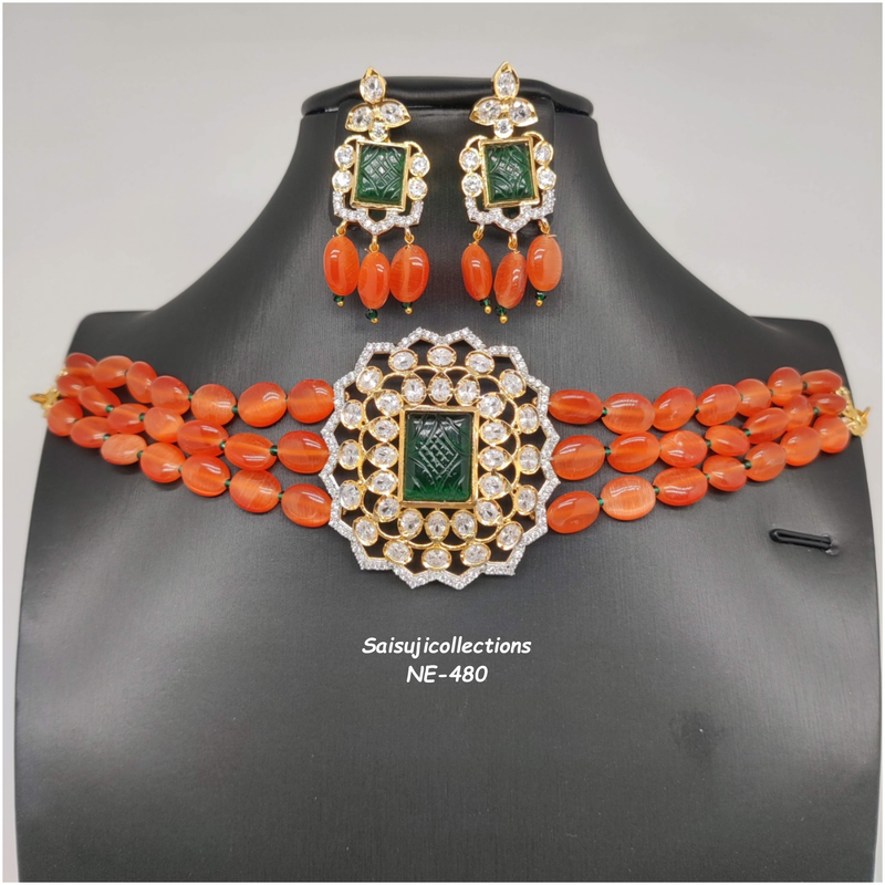 Beautiful Orange Color Monalisa Beads AD and Green Stone Choker With Earrings-Saisuji Collections-C-beads,beads mala,choker,green beads,Imitation Gold,multi Stone,orange monalisa beads,pearl