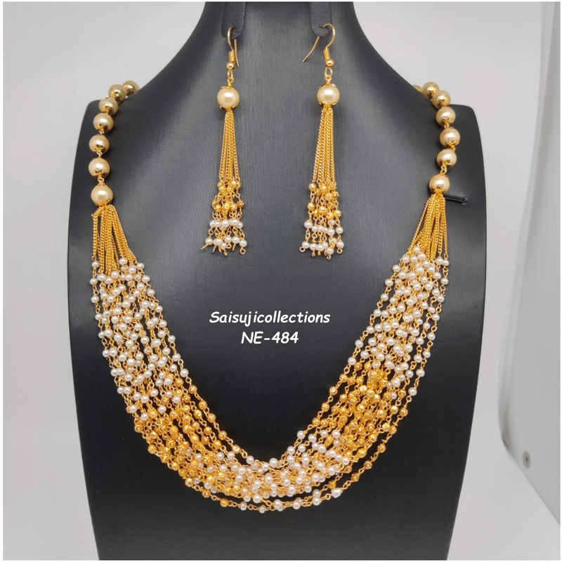 Beautiful Multi Strand Pearl & Gold Beads Set with Earrings-Saisuji Collections-C-beads,Imitation Gold,Necklace,Necklace Set,Necklaces,Necklance,pearl