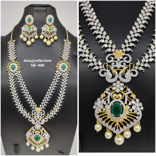 Elegant Diamond Finish 2 Lane CZ and Green Stone Necklace With Earrings-Saisuji Collections-C-beads,Diamond Finish,Gj polish,Imitation Gold,multi Stone,Necklace,Necklace Set,Necklaces,Necklance