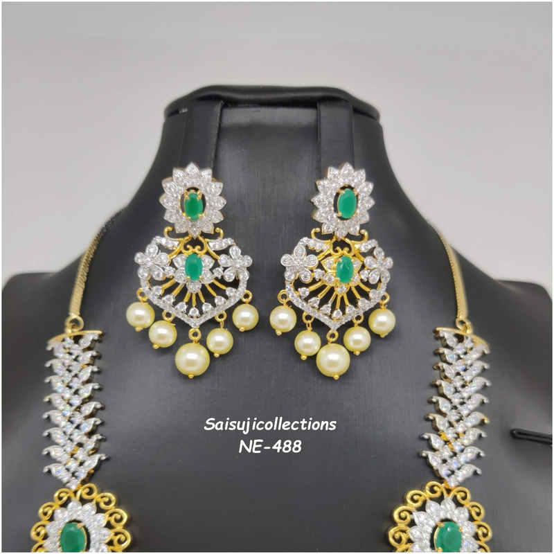 Elegant Diamond Finish 2 Lane CZ and Green Stone Necklace With Earrings-Saisuji Collections-C-beads,Diamond Finish,Gj polish,Imitation Gold,multi Stone,Necklace,Necklace Set,Necklaces,Necklance