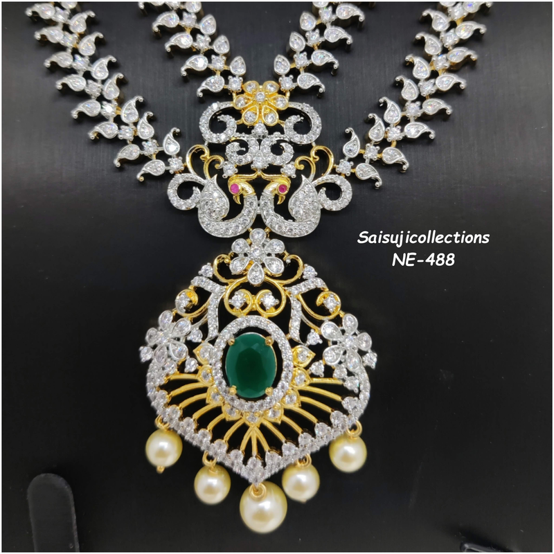 Elegant Diamond Finish 2 Lane CZ and Green Stone Necklace With Earrings-Saisuji Collections-C-beads,Diamond Finish,Gj polish,Imitation Gold,multi Stone,Necklace,Necklace Set,Necklaces,Necklance