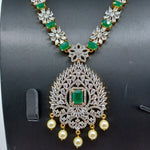 Beautiful Diamond finish AD and Green stone Medium length Necklace Set with Earrings