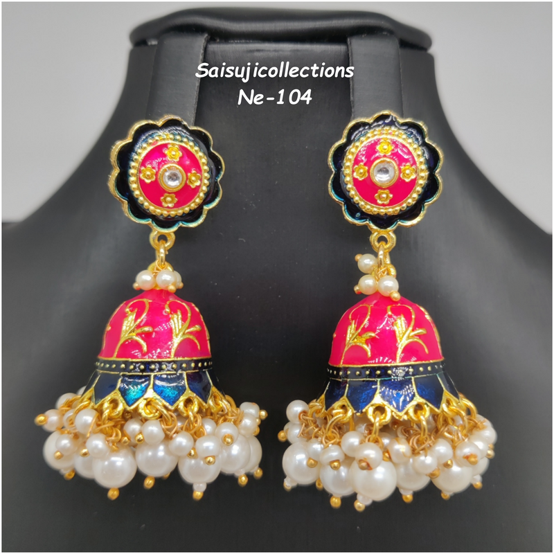 Beautiful Pink And Blue Color Meenakari Earrings With pearls