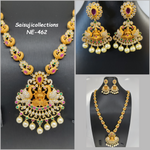 Beautiful Imitation Gold Geru Polish Lakshmi And Peacock Long Haram With Earrings