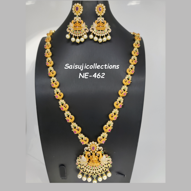 Beautiful Imitation Gold Geru Polish Lakshmi And Peacock Long Haram With Earrings
