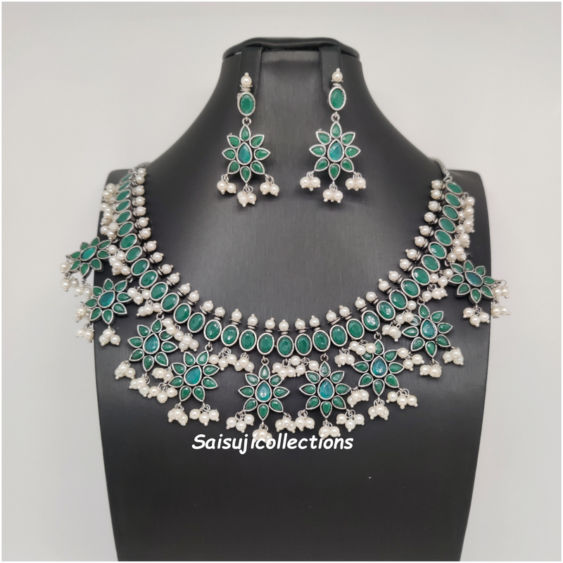Beautiful Oxidized Pearls with Green Stone Flowers Necklace Set With Earrings