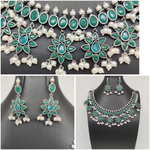 Beautiful Oxidized Pearls with Green Stone Flowers Necklace Set With Earrings