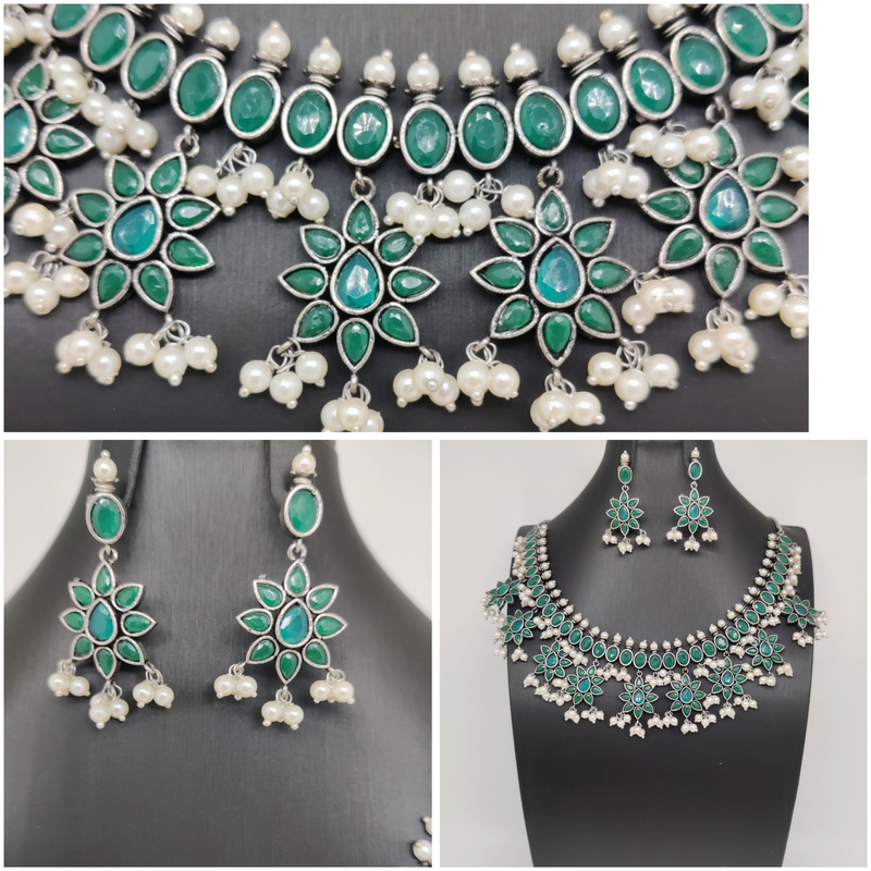 Beautiful Oxidized Pearls with Green Stone Flowers Necklace Set With Earrings