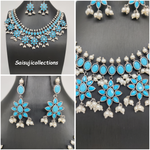 Beautiful Oxidized Pearls with Firozi Blue Stone Flowers Necklace Set With Earrings