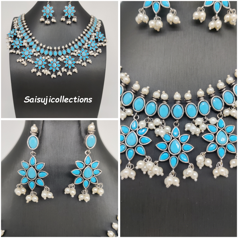 Beautiful Oxidized Pearls with Firozi Blue Stone Flowers Necklace Set With Earrings