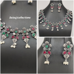 Beautiful Oxidized Multi stone and Pearl Flower Necklace Set With Earings