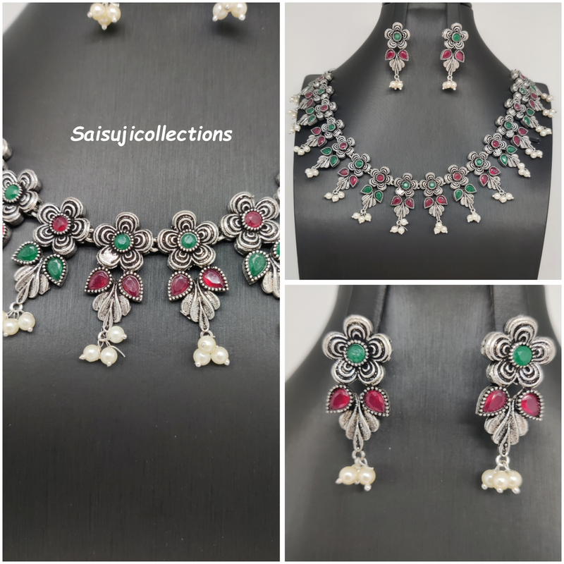 Beautiful Oxidized Multi stone and Pearl Flower Necklace Set With Earings