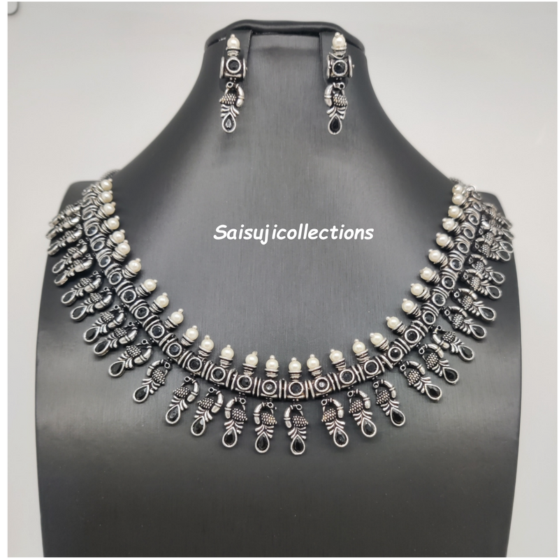 Beautiful Oxidized Black Stones Stone Pearl Peacock necklace Set With Earrings
