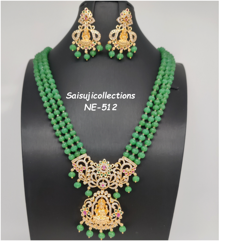 Elegant Green Pumpkin Beads Rani Haram With CZ And Multi Stone Lakshmi Devi Locket And Earrings