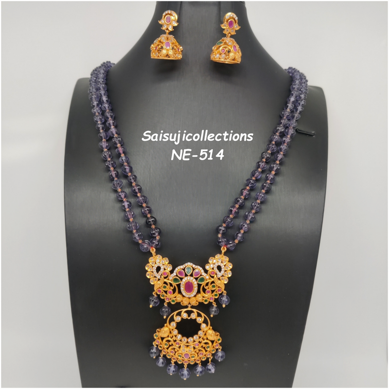 Beautiful Purple Pumpkin Beads 2 Lane Haram With Matt finish CZ Multi Stone LOcket And Earrings