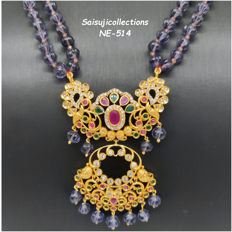 Beautiful Purple Pumpkin Beads 2 Lane Haram With Matt finish CZ Multi Stone LOcket And Earrings
