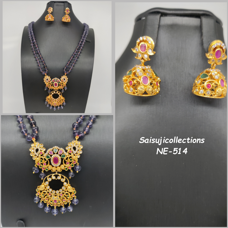 Beautiful Purple Pumpkin Beads 2 Lane Haram With Matt finish CZ Multi Stone LOcket And Earrings