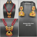 Beautiful Red Pumpkin Beads 2 Lane Haram With Matt finish CZ Multi Stone Locket And Earrings