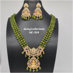 Elegant Mehandi Green Pumpkin Beads Rani Haram With CZ And Multi Stone Lakshmi Devi Locket And Earrings
