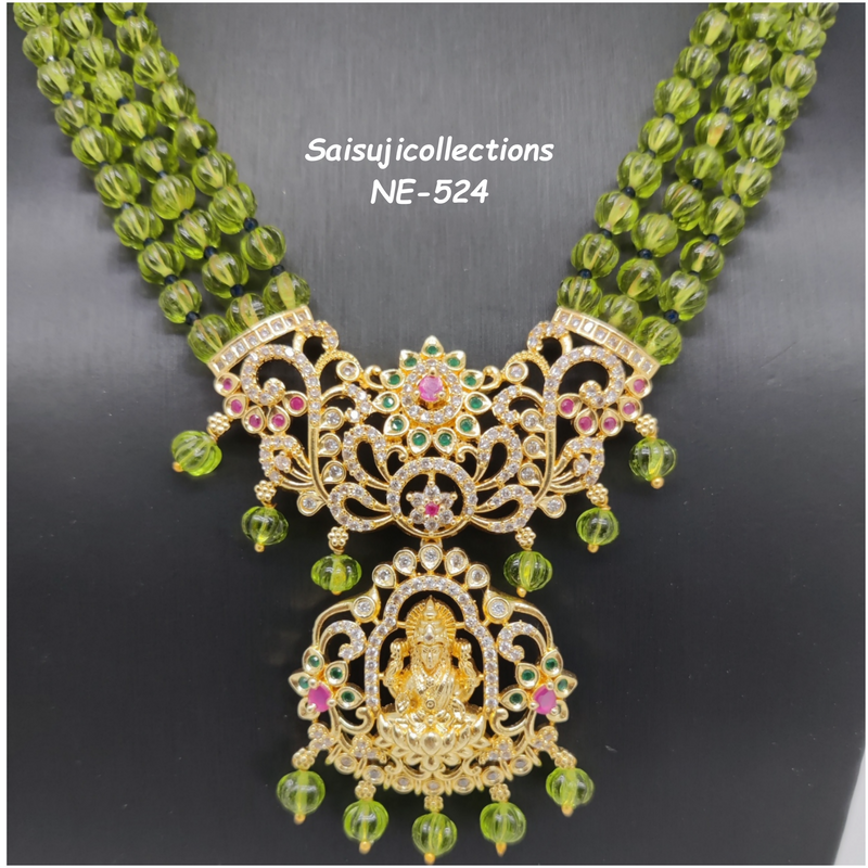 Elegant Mehandi Green Pumpkin Beads Rani Haram With CZ And Multi Stone Lakshmi Devi Locket And Earrings