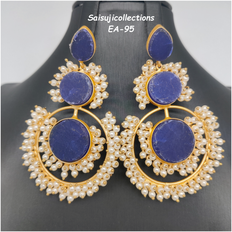 Blue Color Druzy Stone And Pearl Earrings