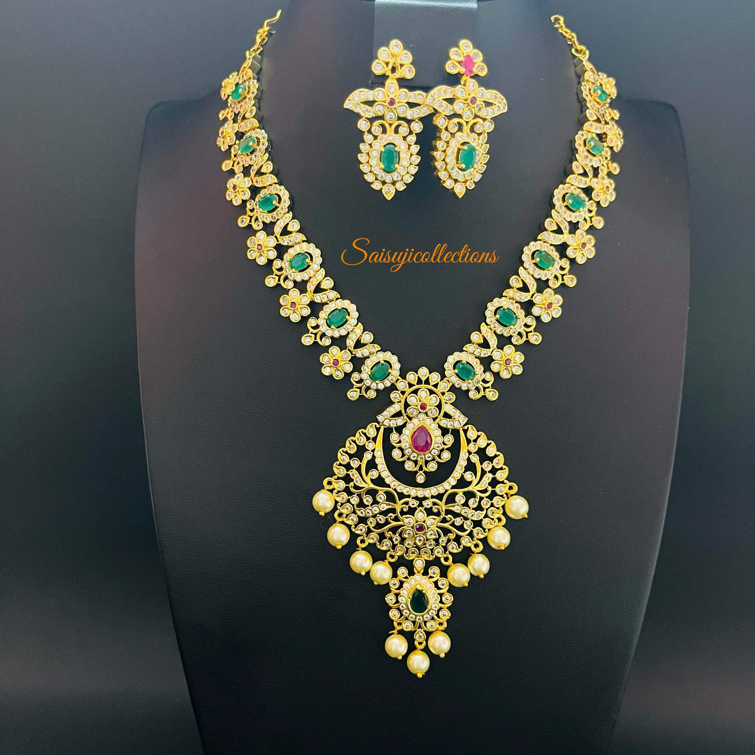 Premium Imitation Gold Green Stone Flower Necklace Set with Earrings