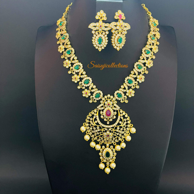 Premium Imitation Gold Green Stone Flower Necklace Set with Earrings-Saisuji Collections-C-Imitation Gold,Laxmi,Multi Stone,Nakshi,Necklace,Necklaces