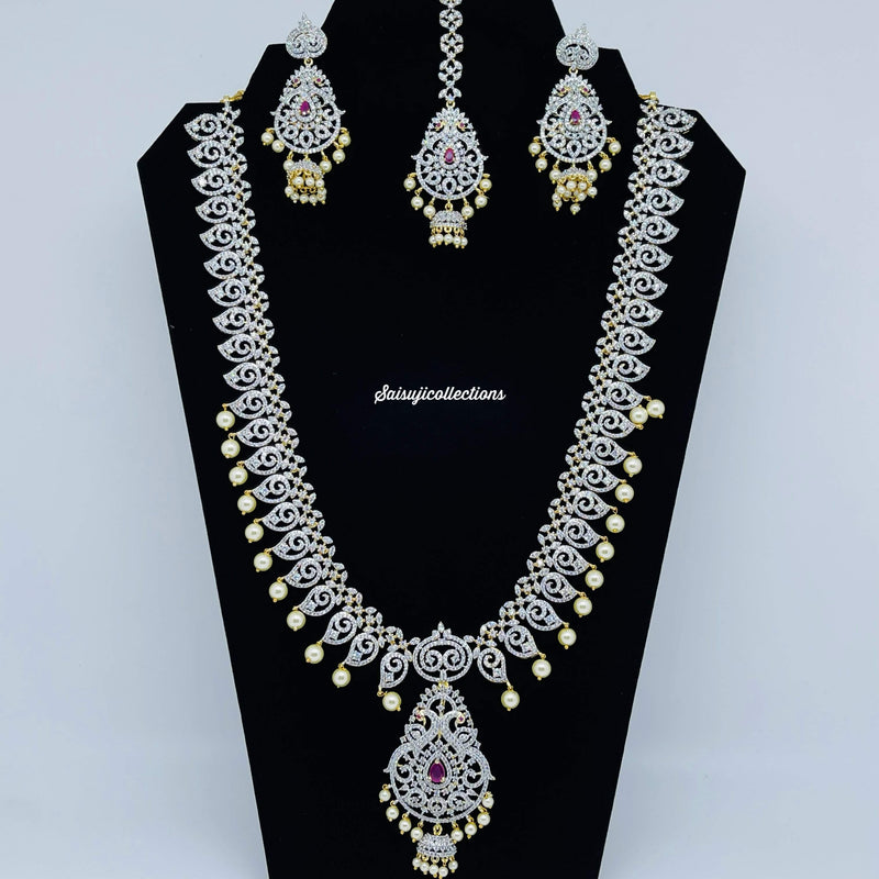 Elegant GJ Polish Diamond finish CZ and Ruby Stone Mango and Peacock Long Necklace Set-Saisuji Collections-C-AD,American Diamond,CZ,Necklace,Necklace Set,Necklaces