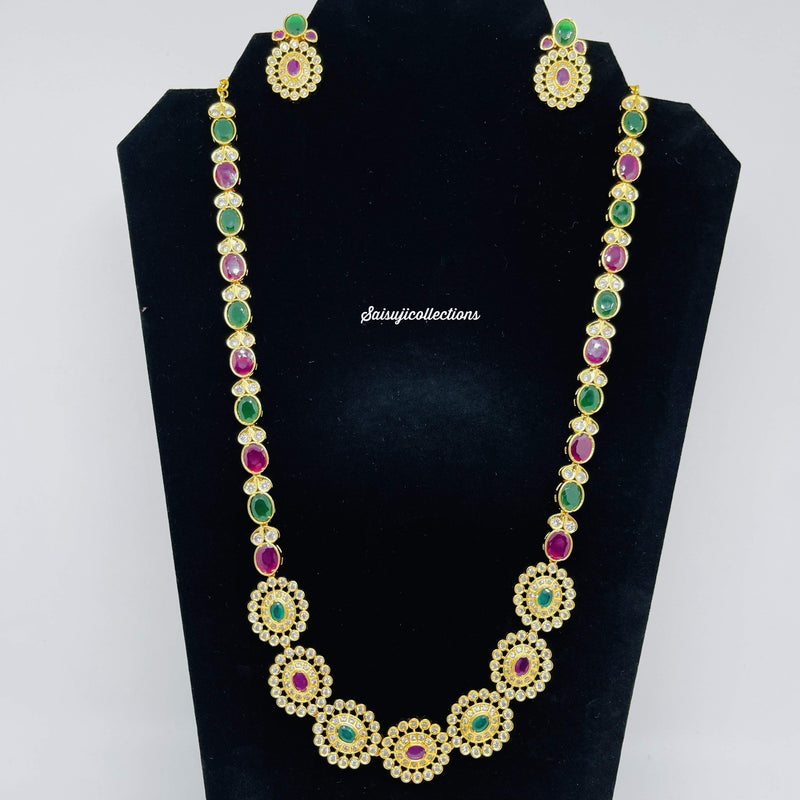 Beautiful Imitation Gold AD and Multi stone Flower Necklace Set-Saisuji Collections-C-Imitation Gold,Laxmi,Multi Stone,Nakshi,Necklace,Necklaces