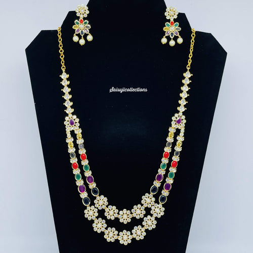 Beautiful Imitation Gold AD and Navaratan 2 Lane Small Flower Necklace Set-Saisuji Collections-C-Imitation Gold,Laxmi,Multi Stone,Nakshi,Necklace,Necklaces