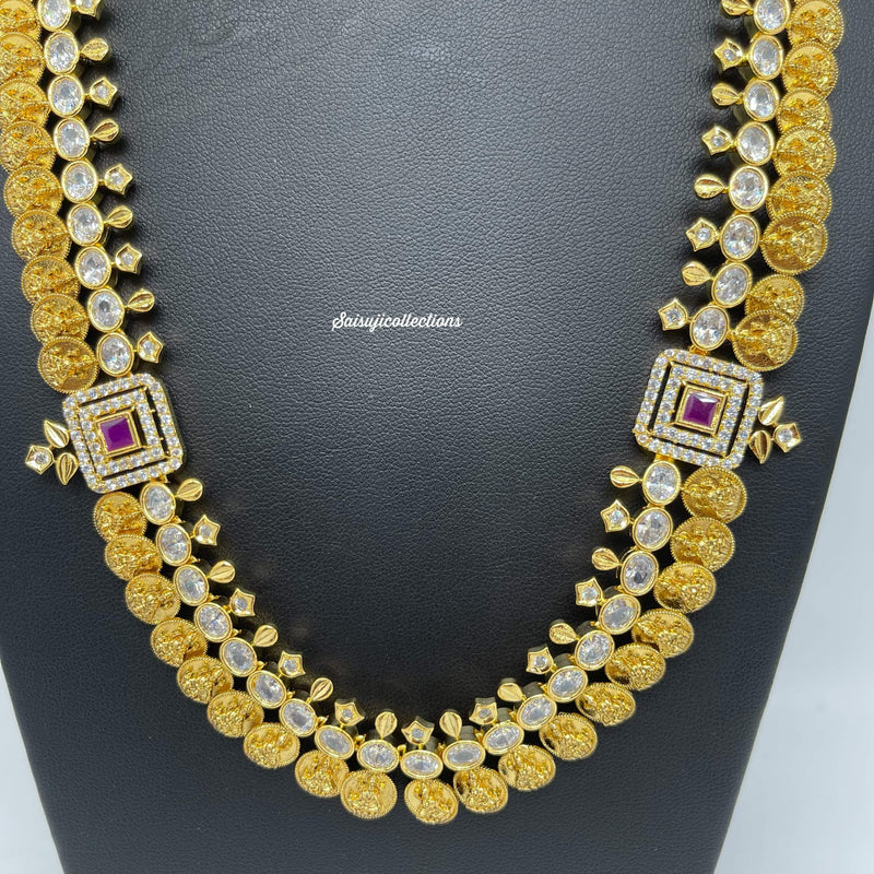 Beautiful Imitation Gold AD and Ruby Stone Lakshmi Kasu Necklace Set-Saisuji Collections-C-Imitation Gold,Laxmi,Multi Stone,Nakshi,Necklace,Necklaces