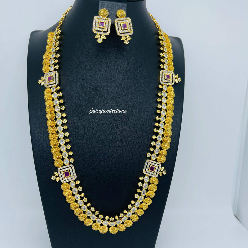 Beautiful Imitation Gold AD and Ruby Stone Lakshmi Kasu Necklace Set-Saisuji Collections-C-Imitation Gold,Laxmi,Multi Stone,Nakshi,Necklace,Necklaces