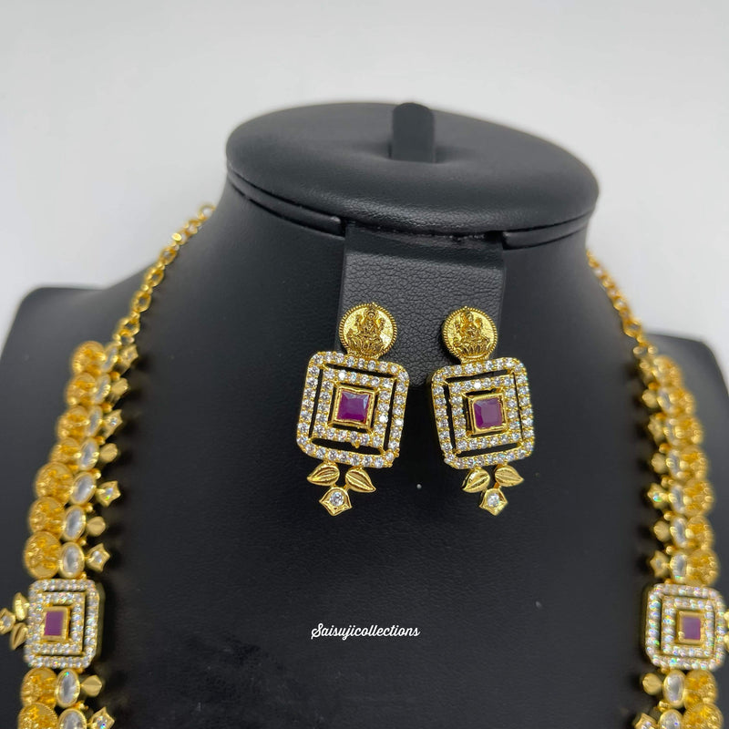 Beautiful Imitation Gold AD and Ruby Stone Lakshmi Kasu Necklace Set-Saisuji Collections-C-Imitation Gold,Laxmi,Multi Stone,Nakshi,Necklace,Necklaces