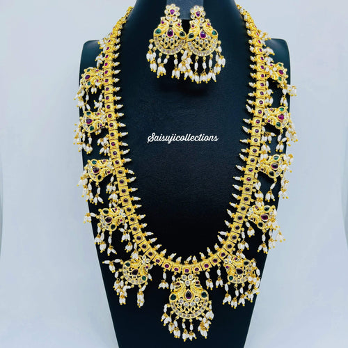 Beautiful Imitation Gold AD and Multi Stone Rice Pearl Peacock Guttapusalu Necklace Set-Saisuji Collections-C-Imitation Gold,Laxmi,Multi Stone,Nakshi,Necklace,Necklaces