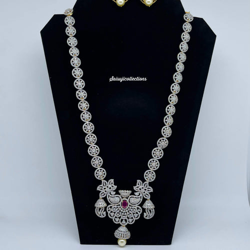 Beautiful Diamond Finish Long Haram with CZ and Ruby Stone With Jumka-Saisuji Collections-C-AD,American Diamond,CZ,Necklace,Necklace Set,Necklaces