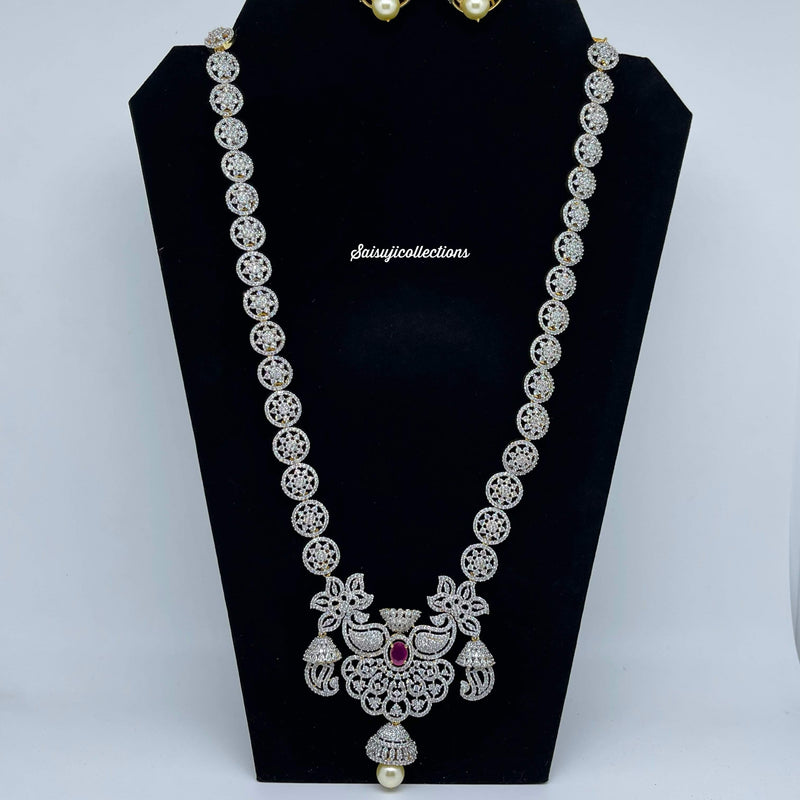 Beautiful Diamond Finish Long Haram with CZ and Ruby Stone With Jumka-Saisuji Collections-C-AD,American Diamond,CZ,Necklace,Necklace Set,Necklaces