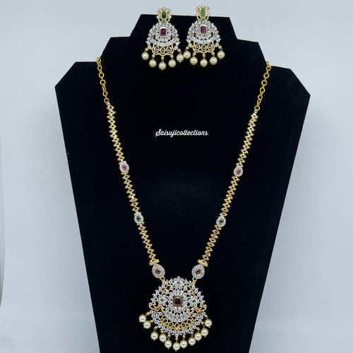 Beautiful Imitation Gold Chain with Diamond Finish Multistone Locket Locket and Earrings-Saisuji Collections-C-Imitation Gold,Laxmi,Multi Stone,Nakshi,Necklace,Necklaces