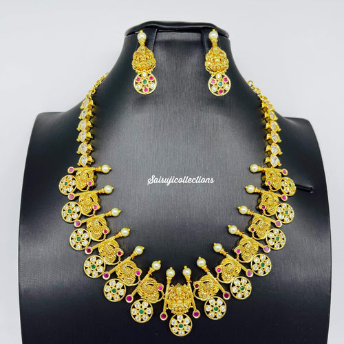 Beautiful Gold Replica Peacock and Lakshmi Bottu Necklace set with Earrings-Saisuji Collections-C-CZ,Emerald,Imitation Gold,Necklace,Necklace Set,Necklaces,Necklance,Peacock,Ruby