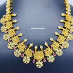 Beautiful Gold Replica Peacock and Lakshmi Bottu Necklace set with Earrings-Saisuji Collections-C-CZ,Emerald,Imitation Gold,Necklace,Necklace Set,Necklaces,Necklance,Peacock,Ruby
