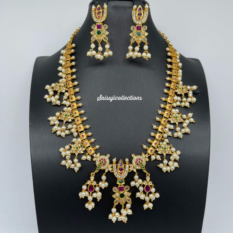 Beautiful Imitation Gold CZ and Multi stone Namalu Guttapusalu Necklace with Earrings-Saisuji Collections-C-Imitation Gold,Laxmi,Multi Stone,Nakshi,Necklace,Necklaces