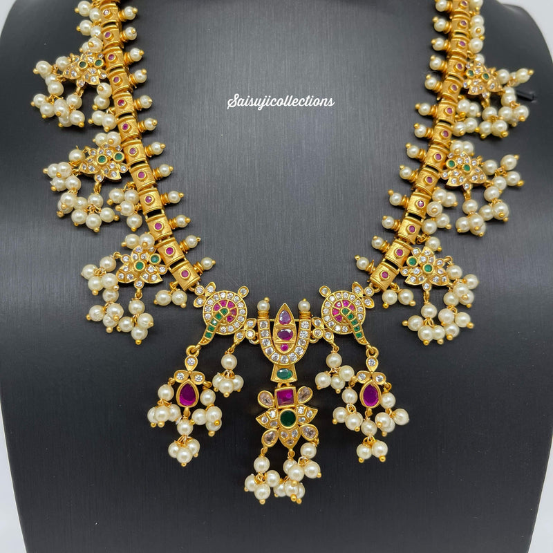 Beautiful Imitation Gold CZ and Multi stone Namalu Guttapusalu Necklace with Earrings-Saisuji Collections-C-Imitation Gold,Laxmi,Multi Stone,Nakshi,Necklace,Necklaces