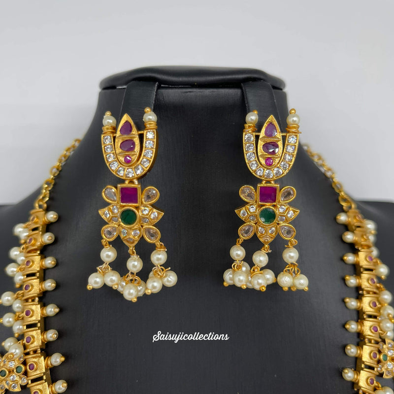 Beautiful Imitation Gold CZ and Multi stone Namalu Guttapusalu Necklace with Earrings-Saisuji Collections-C-Imitation Gold,Laxmi,Multi Stone,Nakshi,Necklace,Necklaces