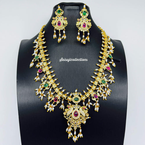 Beautiful Rice Pearls CZ and Multi Stone Peacock Necklace Set With Earring-Saisuji Collections-C-Beads,Emerald,Necklace,Necklace Set,Necklaces,Necklance,Peacock,Pearl,Rice Pearl,Ruby