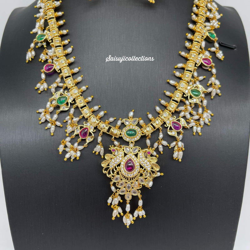 Beautiful Rice Pearls CZ and Multi Stone Peacock Necklace Set With Earring-Saisuji Collections-C-Beads,Emerald,Necklace,Necklace Set,Necklaces,Necklance,Peacock,Pearl,Rice Pearl,Ruby