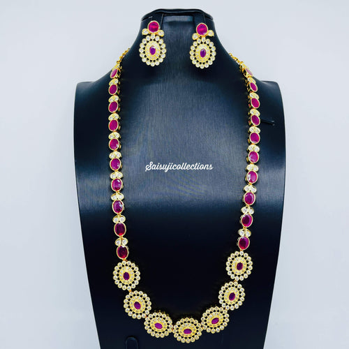 Beautiful Lakshmi CZ and Multi Lakshmi Flower long Necklace Set with Earrings-Saisuji Collections-C-CZ,Emerald,Imitation Gold,Necklace,Necklace Set,Necklaces,Necklance,Peacock,Ruby