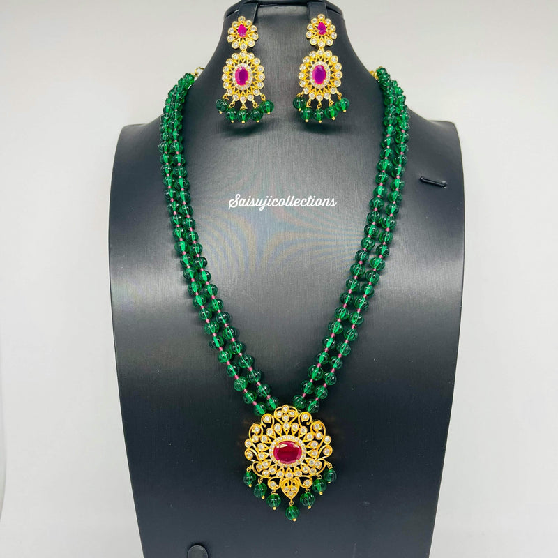 Beautiful Green Pumpkin Beads 2 Lane Set with AD Ruby Stone Locket and Earrings-Saisuji Collections-C-Beads,green pumpkin beads,lakshmi,Necklace,Necklace Set,Necklaces,Necklance